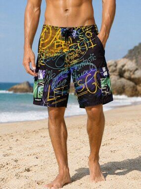 VTG Desigual Multicolor Graffiti Print Mesh Lined Long Length Swim Trunk Mens XL